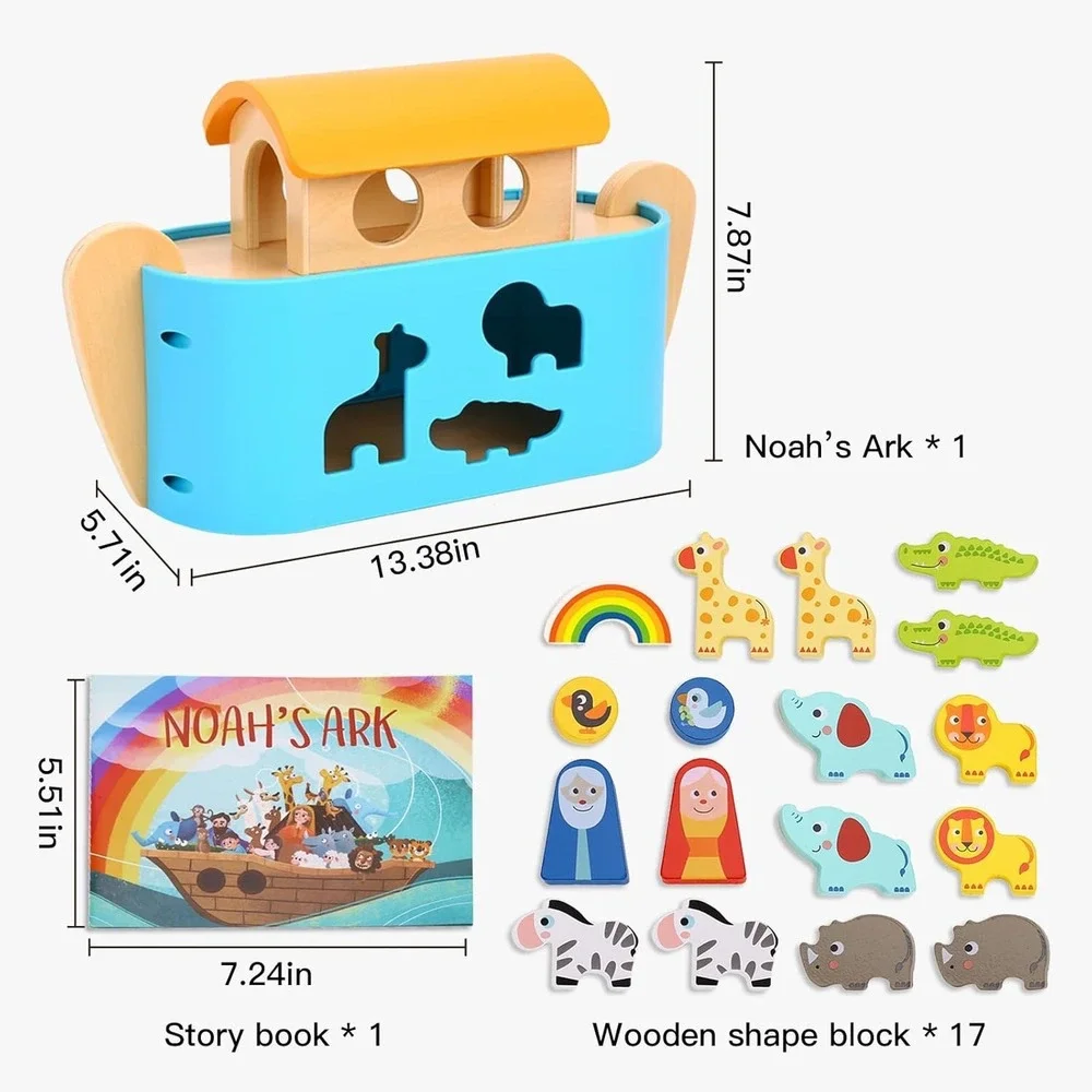 Wooden Noah's Ark Playset Montessori Shape Sorter Toy with Storybook NEW‎ NIB